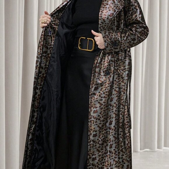 Multicolor Elegant Women's Leopard Print Faux Leather Trench coat / Jacket - Picture 8 of 8